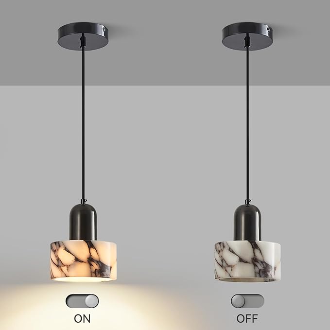 Natural Stone Pendant Lights Kitchen Island, Black Pendant Light Fixtures, Pendant lamp Marble Cylinder Shade Brass with Black Rubbed Gold Finish for Bedroom Bathroom Dining Room Living Room