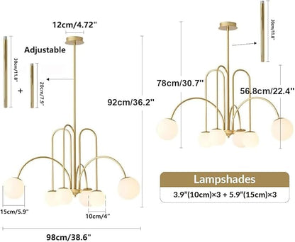 Mid Century Modern Brass Sputnik Chandelier 6-Lights Milk Glass Globe Pendant Light Fixture Nordic Gold and White Chandelier Ceiling Light for Kitchen Island Dining Room