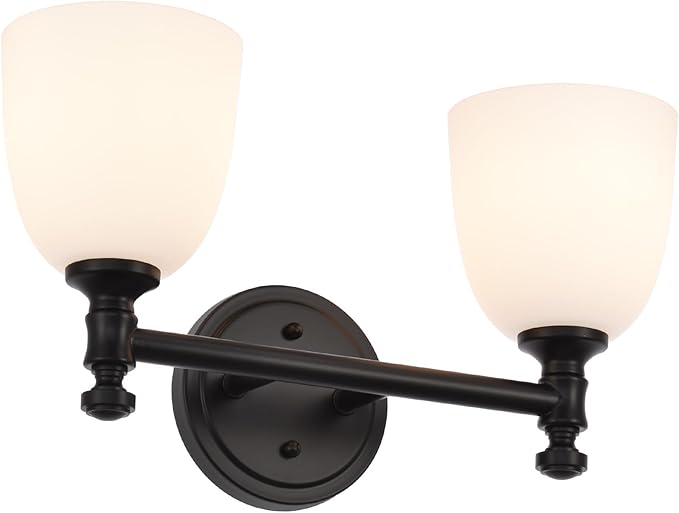 Black Bathroom Vanity Light, 2-Light Bathroom Light Fixtures Over Mirror, Traditional Vanity Lights for Living Room, Milk White Bell Glass Shades, Standard E26 Base, Matte Black