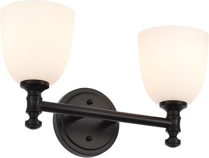 Black Bathroom Vanity Light, 2-Light Bathroom Light Fixtures Over Mirror, Traditional Vanity Lights for Living Room, Milk White Bell Glass Shades, Standard E26 Base, Matte Black