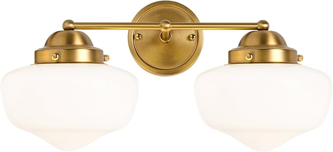 2 Light Bathroom Vanity Light, Bathroom Light Fixture with Milky White Glass Shade and Matte Brass Finish, Vanity Lights for Bathroom, Brushed Gold Vanity Light