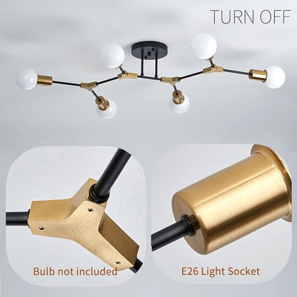 Modern Gold and Black Sputnik Semi Flush Mount Ceiling Light Fixture for Dining Room Living Room Bedroom Kitchen Closet Hallway Aisle, Mid Century Metal 6 Light Chandelier