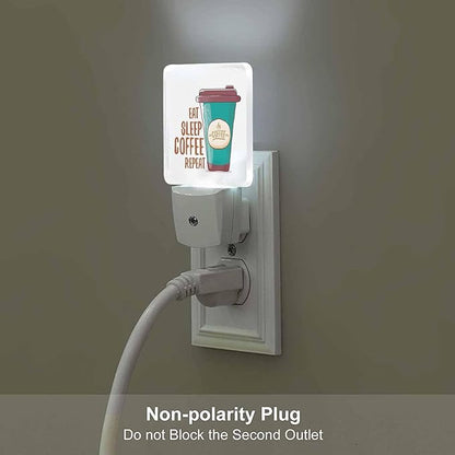 LED Night Light,Eat Sleep Funky Coffee LED Night Light Plug into Wall with Dusk to Dawn Light Sensor White Energy Efficient Nightlight for Bedroom Bathroom Hallway Living Room Kitchen