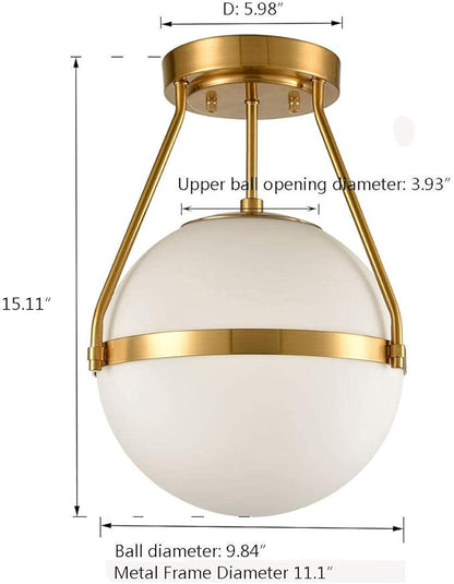 HOLKIRT Mid Century Modern Globe Semi Flush Mount Ceiling Light Fixture,White Opal with Brass Finish,Living/Dinning Room-Dimmable