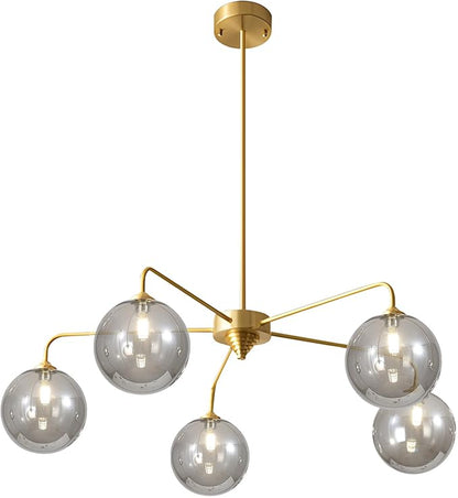 5-Light Gold Sputnik Chandelier, Mid Century Modern, Smoke Gray Glass Shade, Kitchen, Dining, Bedroom, 38.6" L x 30.7" H