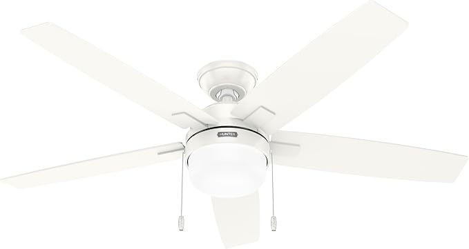 Hunter 52 inch Indoor Ceiling Fan with LED Light - White Ceiling Fan with Pull Chain, for Bedroom or Living Room, Standard Mount, No Remote, 5 Blades, Includes Bulbs - Anisten 52487, Fresh White
