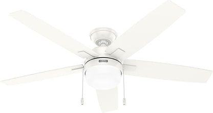Hunter 52 inch Indoor Ceiling Fan with LED Light - White Ceiling Fan with Pull Chain, for Bedroom or Living Room, Standard Mount, No Remote, 5 Blades, Includes Bulbs - Anisten 52487, Fresh White