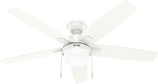Hunter 52 inch Indoor Ceiling Fan with LED Light - White Ceiling Fan with Pull Chain, for Bedroom or Living Room, Standard Mount, No Remote, 5 Blades, Includes Bulbs - Anisten 52487, Fresh White