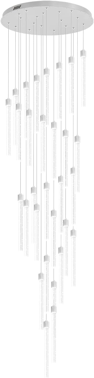 177'' Long Crystal Column Chandelier Silver 30-Light Extra Large Staircase Chandelier High Ceiling Dimmable LED Ceiling Lighting Foyer Entryway Light Source is Replaceable