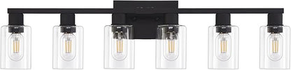 6 Light Bathroom Vanity Light, Matte Black Vanity Light Fixtures, Large Vanity Lights for Bathroom, Farmhouse Light Fixtures with Clear Glass Shade for Bathroom Over Mirror