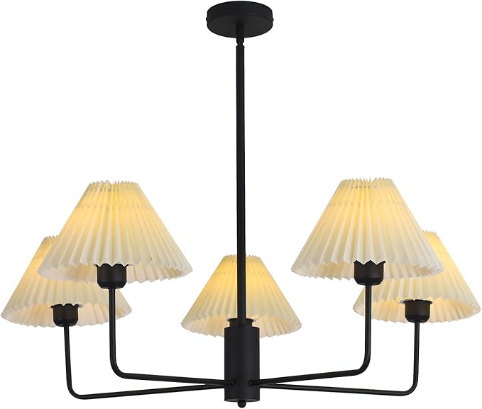 KCO Lighting Vintage Pleated Fabric Ceiling Light Fixture Mid Century Modern Black Chandelier Contemporary Large White Chandelier 5 Light Chandeliers for Dining Room Living Room