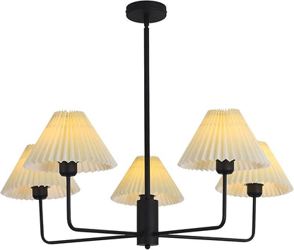 KCO Lighting Vintage Pleated Fabric Ceiling Light Fixture Mid Century Modern Black Chandelier Contemporary Large White Chandelier 5 Light Chandeliers for Dining Room Living Room