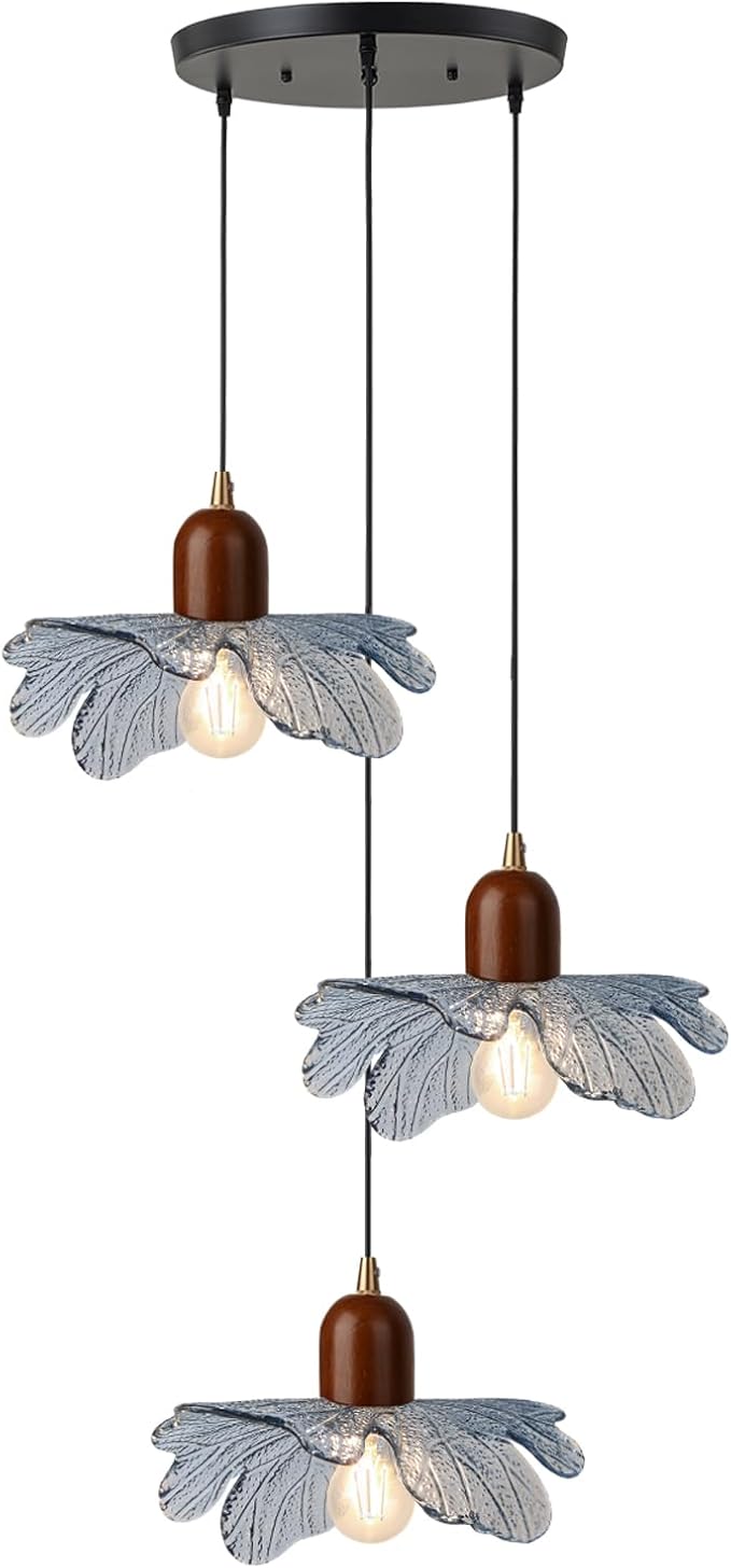 Modern Minimalist Blue Flower Glass Cluster Chandelier, Wood Accent Adjustable 3-Light Pendant Light for Kitchen Island, Apartment Living Room, Entryway, Breakfast Nook