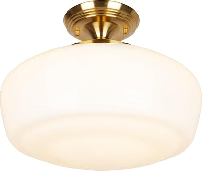Large Schoolhouse Style Semi Flush Mount Ceiling Light Fixture, 14" Modern Gold Hallway Ceiling Lamp with Opal Milk Glass Shade Brass, Farmhouse Globe Light for Bedroom Kitchen Hallway Entryway