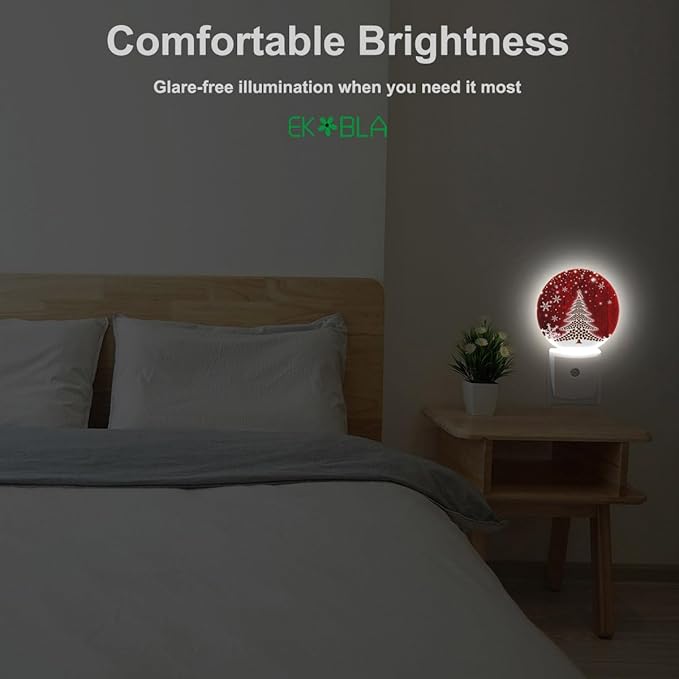 EKOBLA Red Christmas Plug-in Night Light, Snowflake & Christmas Tree Rustic LED Nightlight for Holiday Season Home Decor