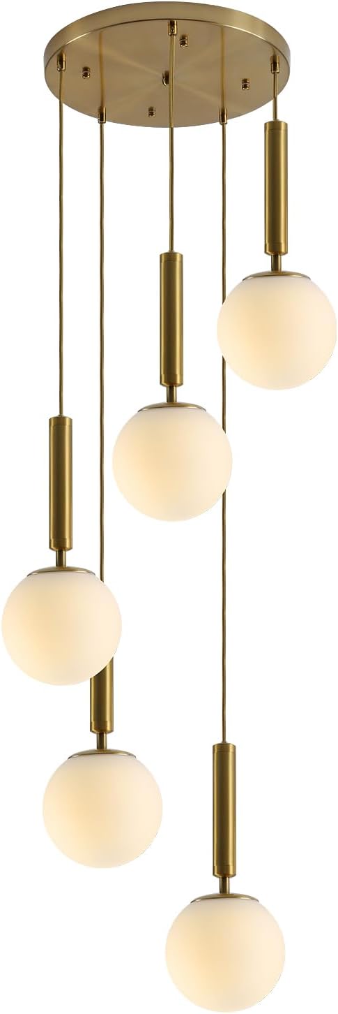 KCO Lighting 5 Light Globe Chandelier Gold Cluster Pendant Light Fixture Modern Milk Glass Chandelier Large Round Kitchen Island Pendant Lighting Contemporary Chandeliers for Foyer Entryway