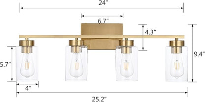 4 Light Bathroom Vanity Light Fixtures, Brushed Brass Modern Wall Lights with Clear Glass Shade, Vintage Wall Sconce Lighting for Living Room, Mirror, Bedroom, Hallway (Gold, 4-Lights)