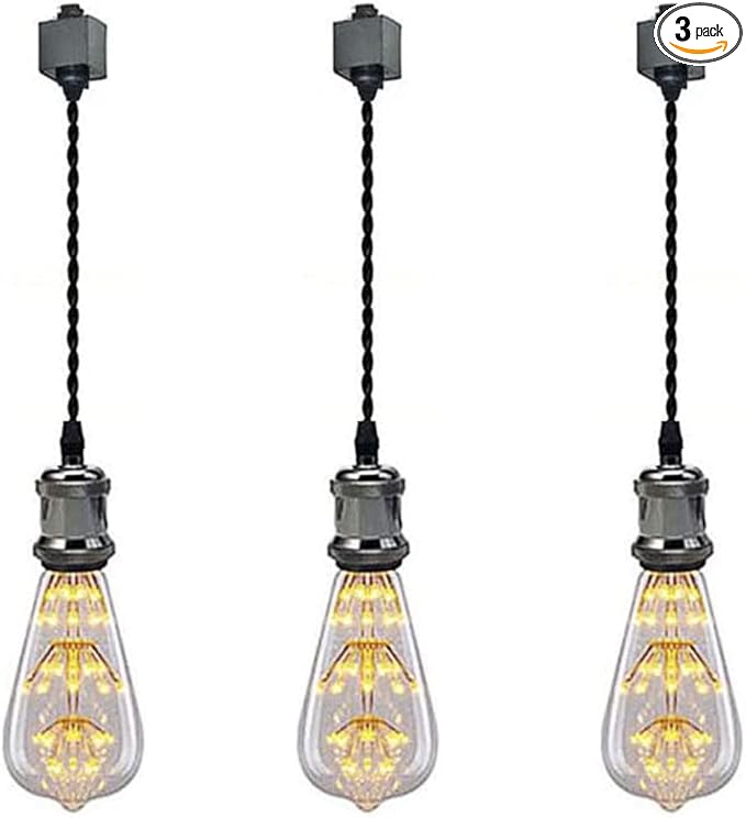 Kiven 3-Light H-Type Wire Track Light Pendants, 7 Inch Cord Length Black Weave Rope, Restaurant Chandelier Decorative Pendant Light Industrial Factory Pendant Lamp 3 Pack,Bulb Not Included（Black）
