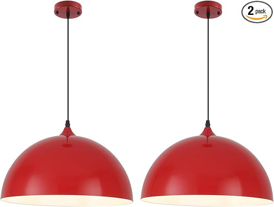 Red Pendant Lights Kitchen Island, 16" Dome Pendant Light, Modern Farmhouse Pendant Light for Kitchen Island, Dining Room, Cafe, Bar, 2 Pack