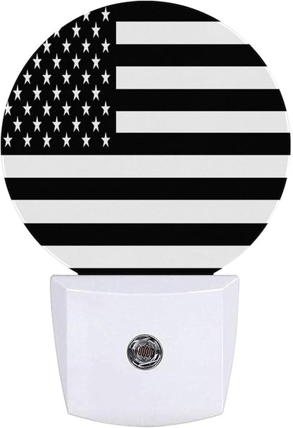 American Flag Black White Night Light Plug Into Wall Auto Led Sleep Round Lamp for Living Room Hallway Stairs