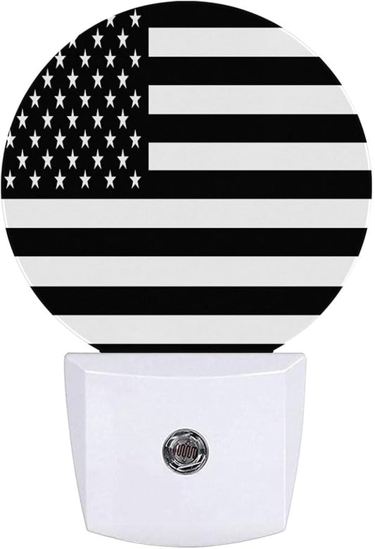 American Flag Black White Night Light Plug Into Wall Auto Led Sleep Round Lamp for Living Room Hallway Stairs