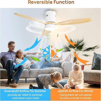 Sofucor 52 Inch Ceiling Fans with Lights and Remote, Modern Wood Low Profile Flush Mount Quiet Ceiling Fan for Bedroom, Reversible DC Motor for Living Room/Farmhouse/Patio/Indoor/Outdoor