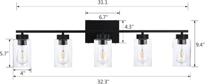 5 Light Bathroom Vanity Light Fixtures, Matte Black Modern Wall Lights with Clear Glass Shade, Vintage Wall Sconce Lighting for Living Room, Mirror, Bedroom, Hallway (Black, 5-Lights)