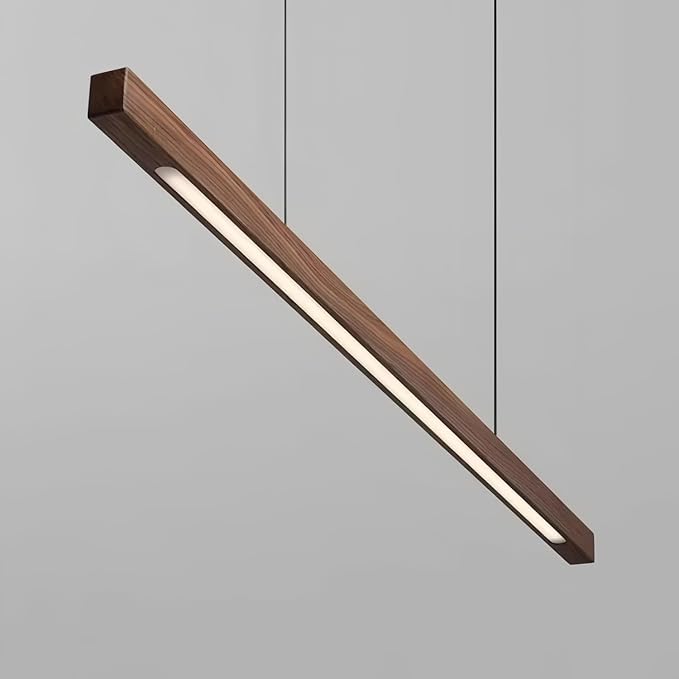 Modern LED Chandelier Walnut Color Dining Room Kitchen Island Long Hanging Lights Restaurant Office Coffee Home Lighting Ash Wood Remote Control Dimmable (2 Round Bases, 100cm(39.3in))