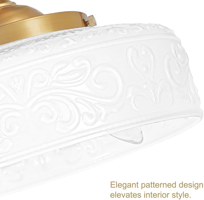 Daunton Gold Semi Flush Mount Ceiling Light with Hand-Carved Design - 12 Inch Vintage White Glass Shade with Etched Patterns, Easy Install 3-Light Fixture for Hallway, Kitchen, Bedroom