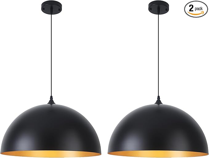 Black Pendant Lights Kitchen Island, 16 Inch Black and Gold Dome Pendant Light, Modern Farmhouse Pendant Light for Kitchen Island, Dining Room, Cafe, Bar, 2 Pack