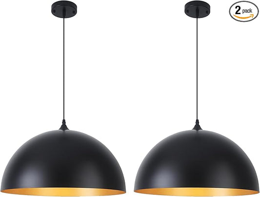 Black Pendant Lights Kitchen Island, 16 Inch Black and Gold Dome Pendant Light, Modern Farmhouse Pendant Light for Kitchen Island, Dining Room, Cafe, Bar, 2 Pack