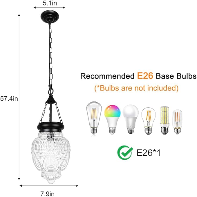 Vintage Pendant Lights Kitchen Island, Black Kitchen Pendant Lighting Over Island, Bathroom Pendant Light With 7.9" w*10.6" h Glass, Farmhouse Sink Light For Closet Pantry Entryway, Height Adjustable
