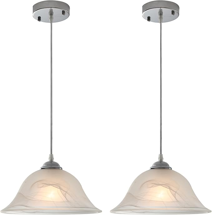 Chrome Pendant Lights Kitchen Island, 11.8 Inch Vintage Alabaster Glass Pendant Lights, White Farmhouse Pendant Light 2 Pack, Glass Pendant Light for Dinning Room, Living Room，Bedroom