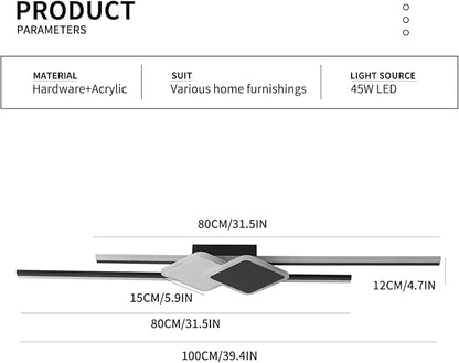 Qcyuui Linear Ceiling Light Modern LED Ceiling Lamp Dimmable Acrylic Ceiling Lighting Fixture with Remote Control for Bedroom Kitchen Dining Room Cloakroom Hallway(45W/39.4in/Linear Square)