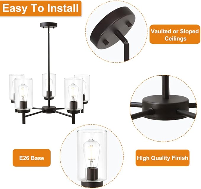 Contemporary 5-Light Large Chandeliers Oil Rubbed Bronze Modern Lighting Fixtures Hanging Clear Glass Shades Pendant Lighting for Dining Room Living Room Kitchen