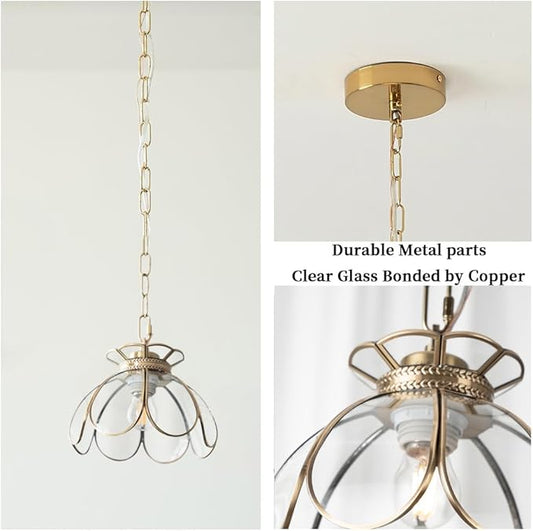 Brass Glass Ceiling Pendant Light, Hanging Chain lamp, with Vintage Lotus Flower Clear Glass Shade for Kitchen Island Dining Room Bedroom Living Room-7.9" Shade