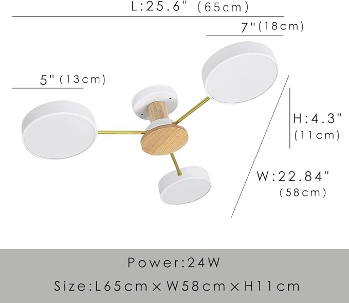 3-Lights LED Ceiling Light Fixture,26 Inch Modern Ceiling Lights Flush Mount Wooden 24W Dimmable Chandelier for Living Room Bedroom Kitchen,3000K/4000K/6000K White