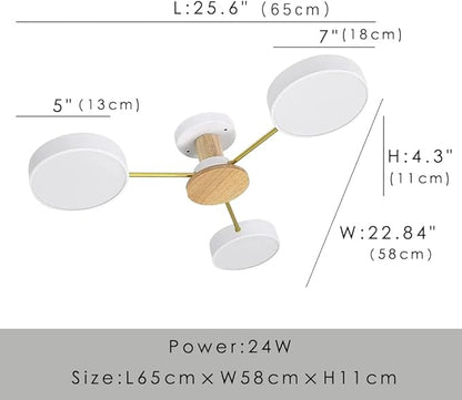 3-Lights LED Ceiling Light Fixture,26 Inch Modern Ceiling Lights Flush Mount Wooden 24W Dimmable Chandelier for Living Room Bedroom Kitchen,3000K/4000K/6000K White
