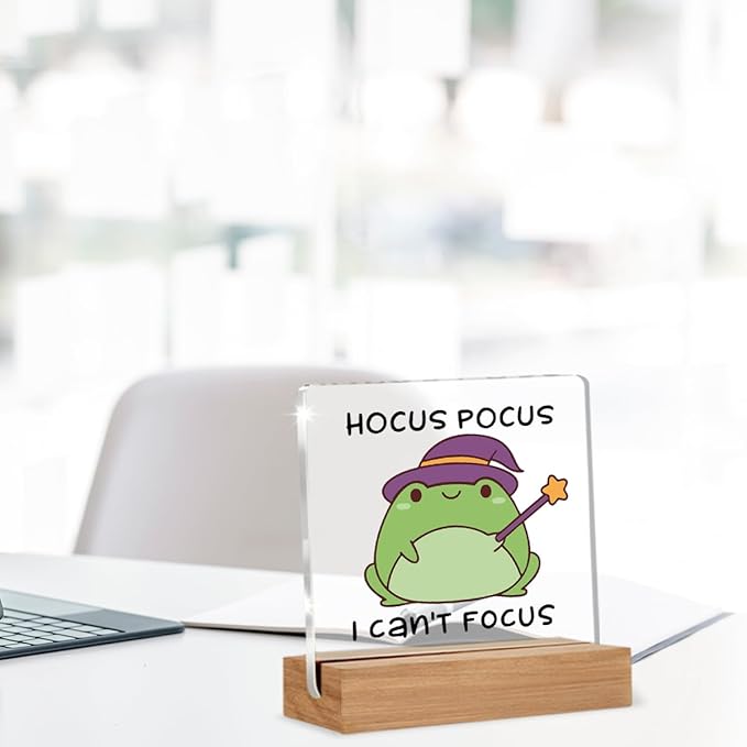 Funny ADHD Gifts for Women Men, Mental Health Desk Decor, Hocus Gifts for Neurodivergent Teens, People With ADHD, Cute Funny Frog Acrylic Plaque Table Sign Office Desk Decor 4 × 4 Inch