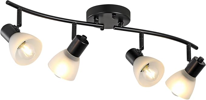 KEESFU 4 Light Track Lighting Fixtures Ceiling Kit,Adjustable Kitchen Ceiling Light with Glass Shade,Modern Black Track Light for Kitchen Over Sink Bedroom Hallway Living Room,E12base