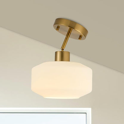 Upgraded Modern Brass Semi Flush Mount Ceiling Light Fixture, Adjustable Hanging Gold Farmhouse Ceiling Light, 8.66" Milk White Glass Shade, Sloped Ceiling Adaptable, for Hallway, Entryway, Kitchen
