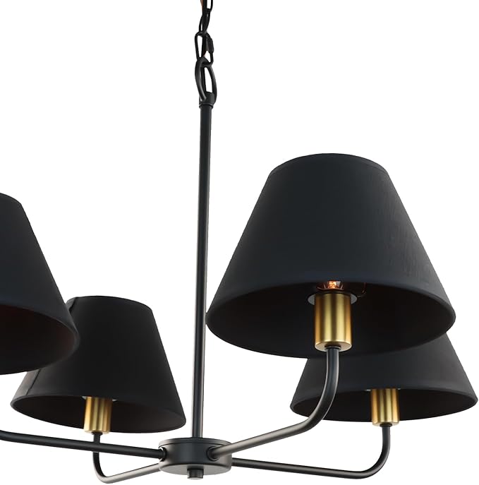 Kalium 4-Light Mid-Century Modern Chandelier, Black and Gold Farmhouse Chandeliers Hanging Dining Room Light Fixture with Fabric Shades for Kitchen Island, Living Room, Bedroom, Foyer