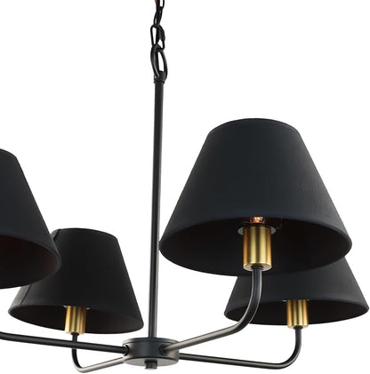 Kalium 4-Light Mid-Century Modern Chandelier, Black and Gold Farmhouse Chandeliers Hanging Dining Room Light Fixture with Fabric Shades for Kitchen Island, Living Room, Bedroom, Foyer