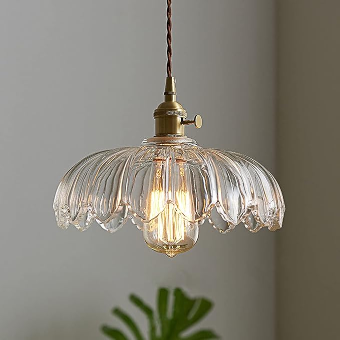LITFAD Scalloped Glass Flower Ceiling Hanging Light Industrial Single Dining Room Hanging Pendant Light Retro Pendant Lamp for Restaurant Hallway Kitchen Dining Room - 110V-120V Clear