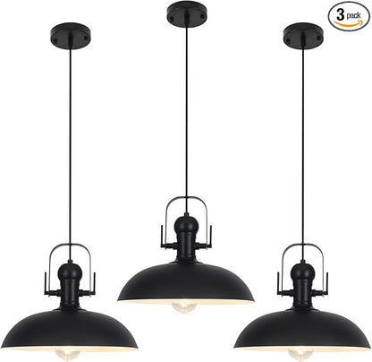 Black Pendant Lights 3 Pack, Dome Pendant Light Kitchen Island 13.8 Inch, Black Farmhouse Pendant Light, Industrial Pendant Lights for Kitchen Barn Hallway Porch Dining Room
