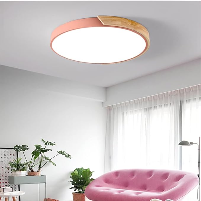 LED Ceiling Light Fixture,16 Inch Modern Wood Recessed Ceiling Lights, Dimmable Light,Pink 24W Close to Ceiling Lighting Flush Mount Living Room Bedroom,3000K-6000K