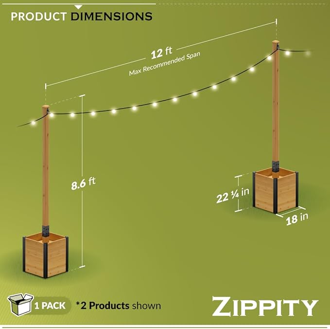 8.5ft H (1 Post w/Planter Box) Freestanding Zippity Concord String Light Post for Outdoor Hanging Lights, Light Poles for Outside Balcony Lights, Patio Decor for String Lights, ZP19081