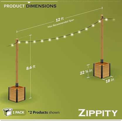 8.5ft H (1 Post w/Planter Box) Freestanding Zippity Concord String Light Post for Outdoor Hanging Lights, Light Poles for Outside Balcony Lights, Patio Decor for String Lights, ZP19081