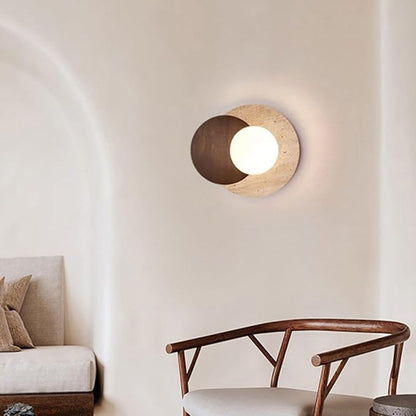 Marble Wall Lamp, Bathroom Vanity Light Fixtures, Wall Mount Lamp, Over Mirror, Wall Sconces Set of 2, Vintage Wall Light with Wood and Stone Shade, for Porch Workshop Kitchen Living Room