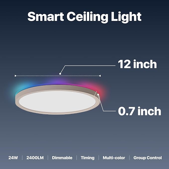 1 Pack Smart RGB Ceiling Light with Remote, 24W 2640LM, 12 Inch LED Flush Mount Ceiling Light Works with Alexa Google Home, Dimmable&2700K-6500K, Low Profile Wired Light for Bedroom Kitchen